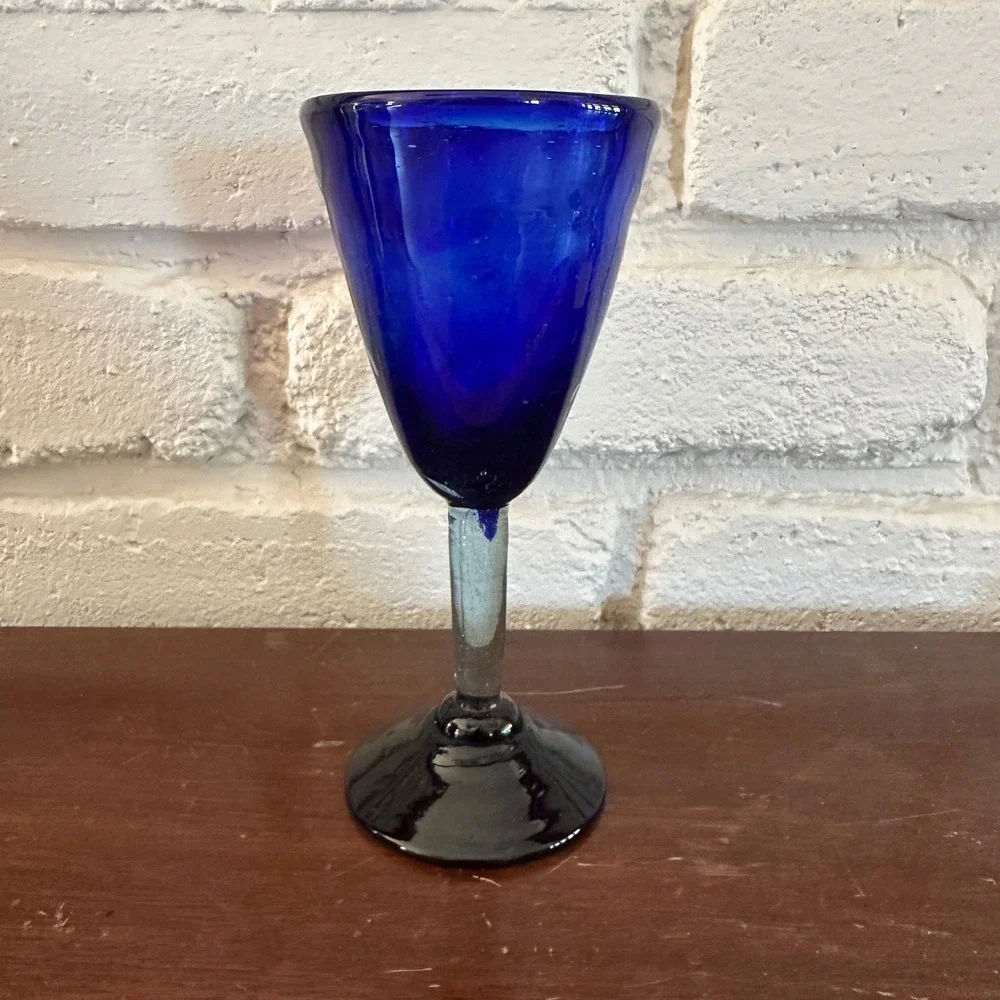 Hand Blown Cobalt Blue Glass Goblet Seeded Glass Wine Water Chalice‎ 8 inch